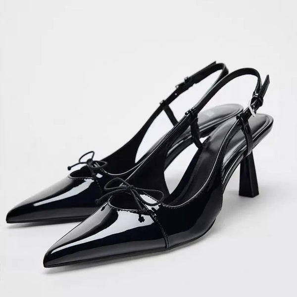 Women's Black Patent Bow Pointed Thin Heel Sandals