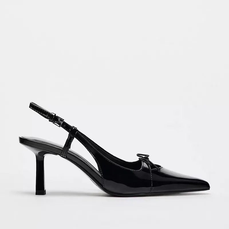 Women's Black Patent Bow Pointed Thin Heel Sandals