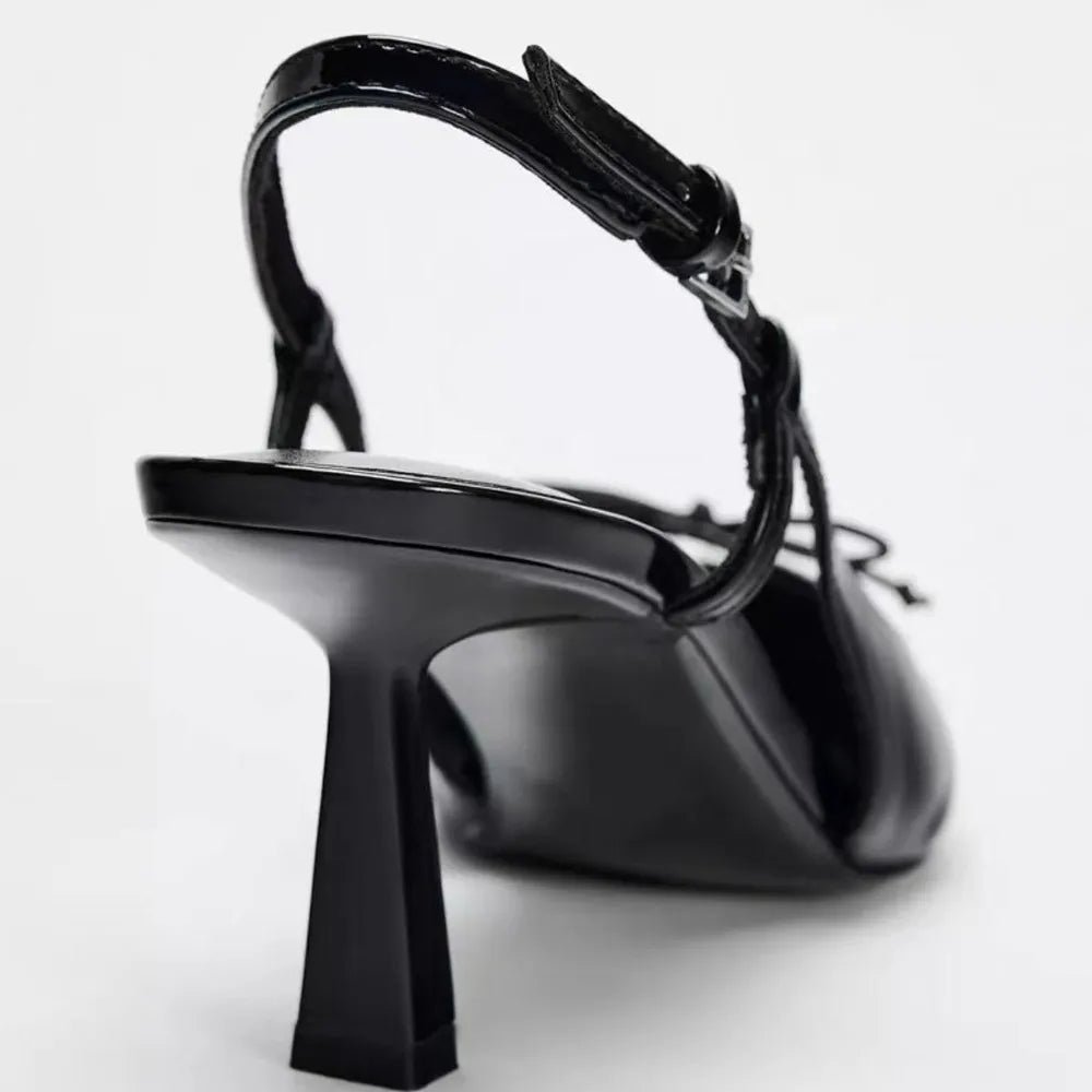 Women's Black Patent Bow Pointed Thin Heel Sandals