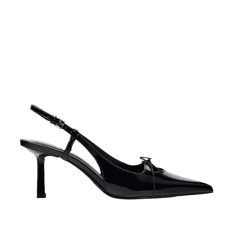 Women's Black Patent Bow Pointed Thin Heel Sandals