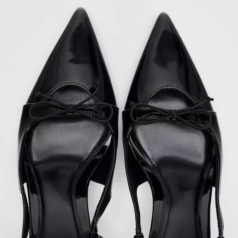 Women's Black Patent Bow Pointed Thin Heel Sandals