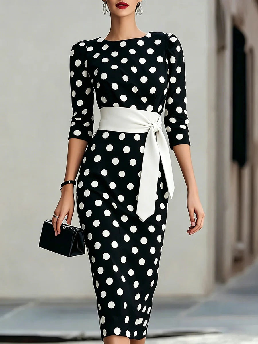 Women's Retro Polka Dot Belted Bodycon Midi Dress