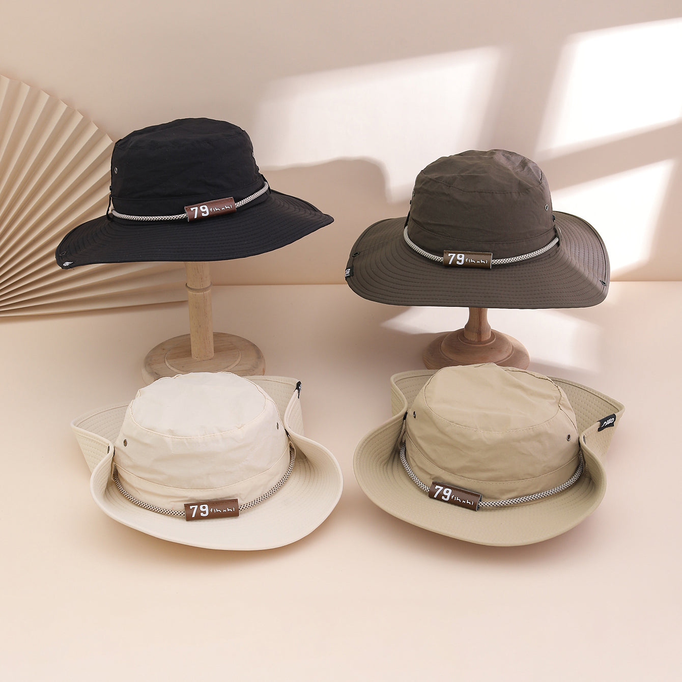 Wide-Brim Leather Patch Fisherman Hat UV Protection Outdoor
