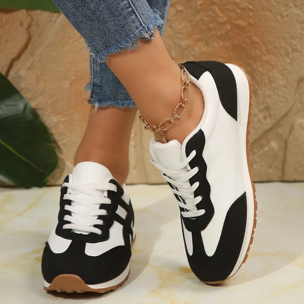 Women's Contrast Lace-Up Round Toe Casual Sneakers Comfort