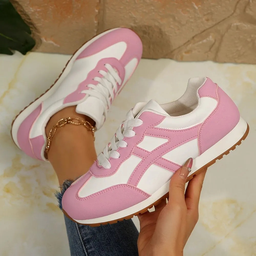 Women's Contrast Lace-Up Round Toe Casual Sneakers Comfort