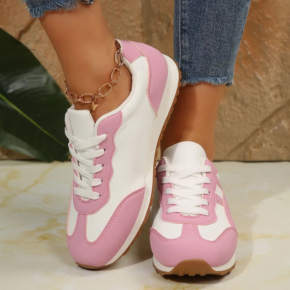 Women's Contrast Lace-Up Round Toe Casual Sneakers Comfort