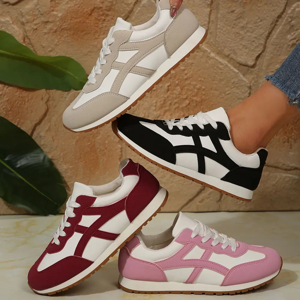 Women's Contrast Lace-Up Round Toe Casual Sneakers Comfort