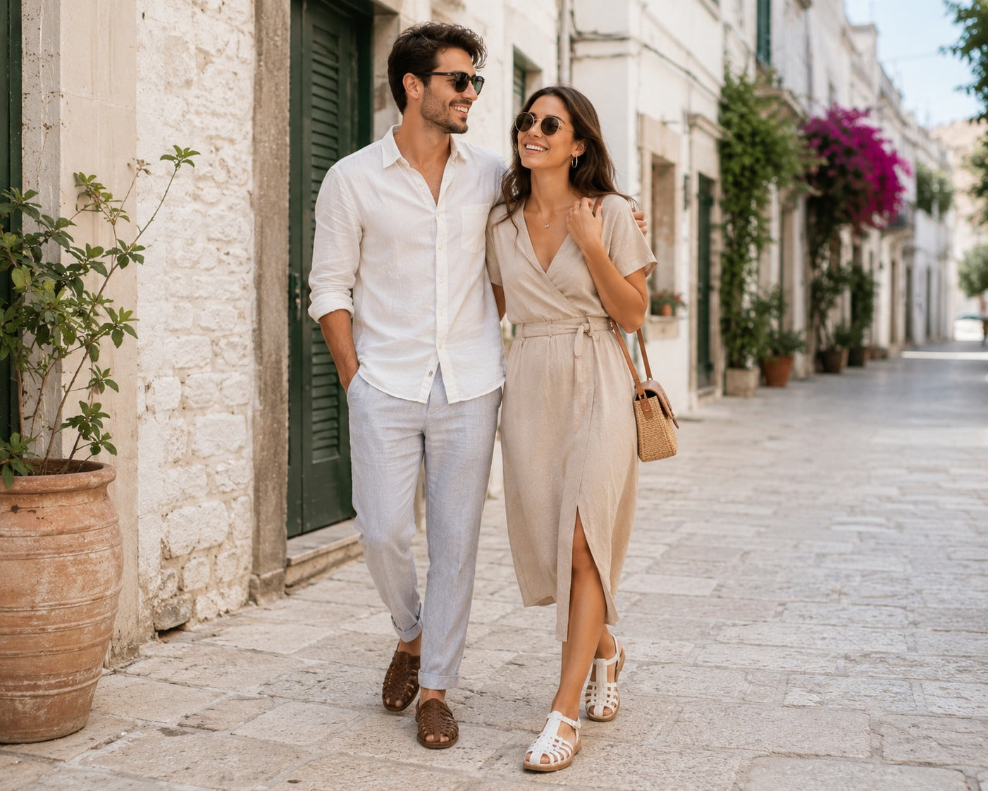 Couple walking together on a picturesque street with white buildings and potted plants.