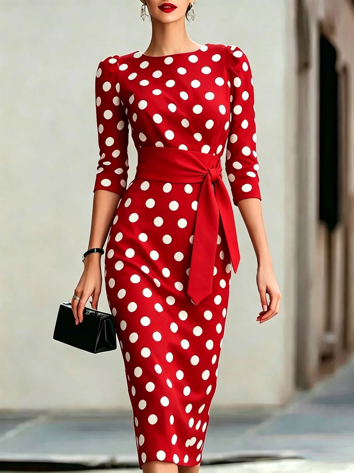 Women's Retro Polka Dot Belted Bodycon Midi Dress