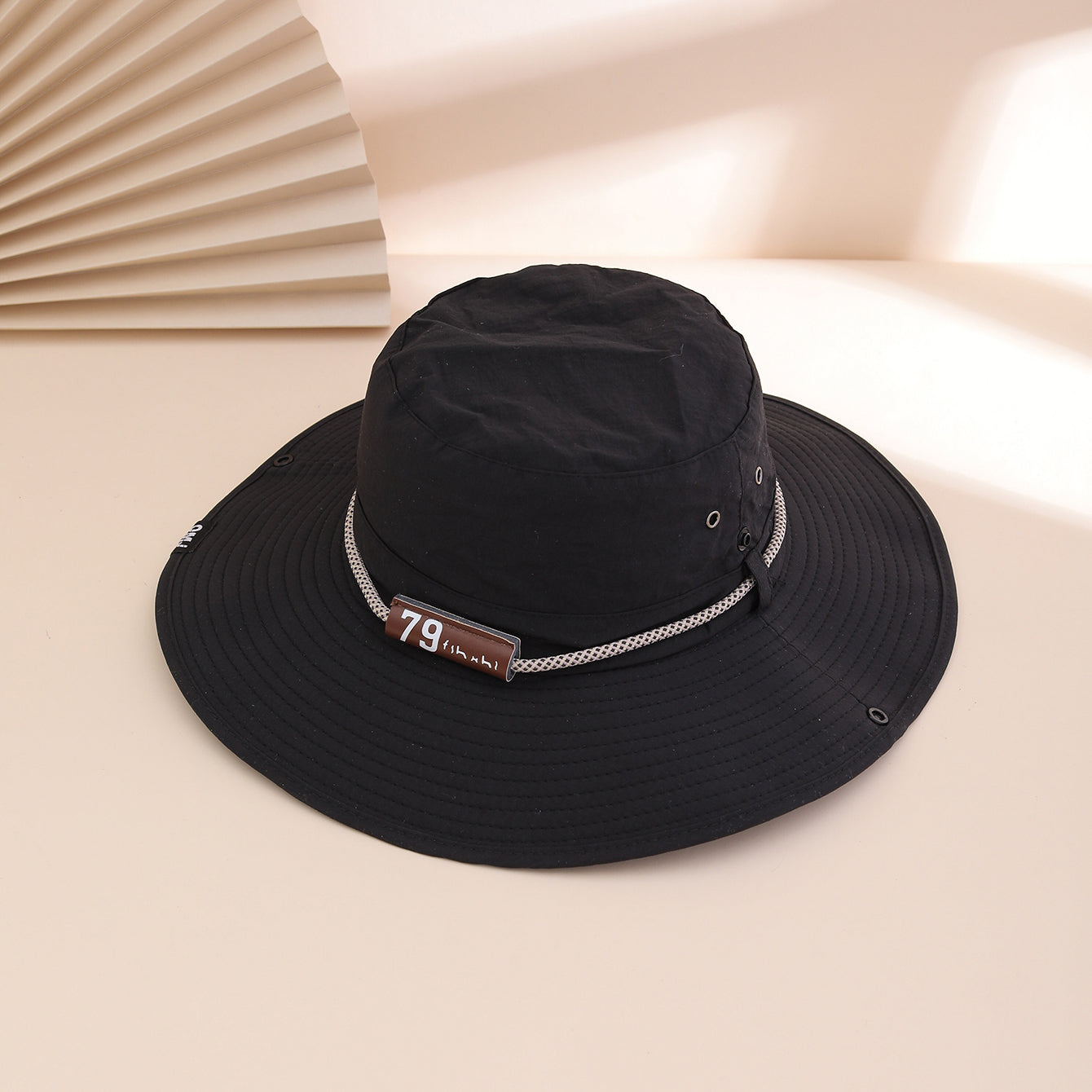 Wide-Brim Leather Patch Fisherman Hat UV Protection Outdoor