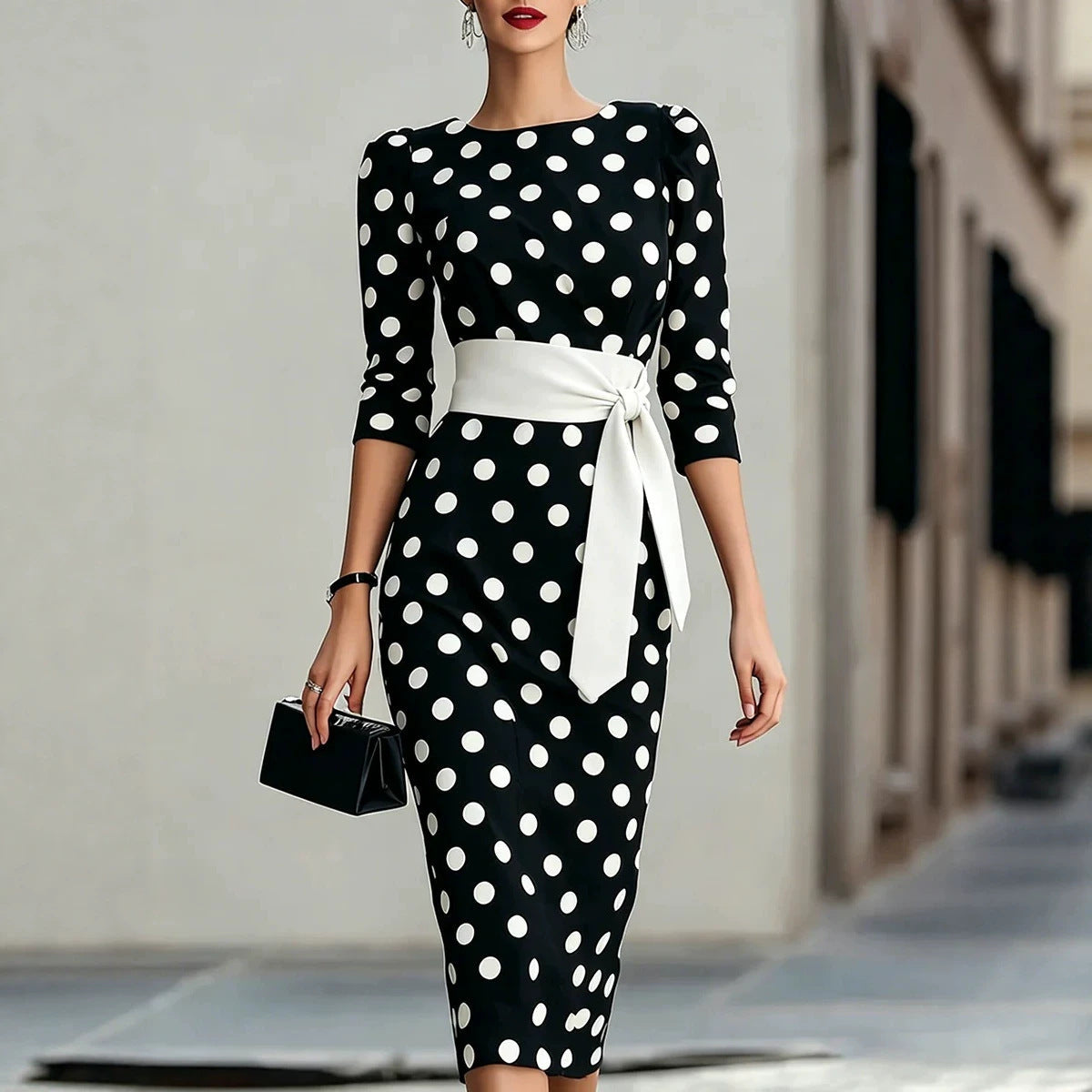 Women's Retro Polka Dot Belted Bodycon Midi Dress