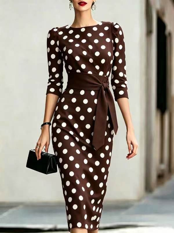 Women's Retro Polka Dot Belted Bodycon Midi Dress