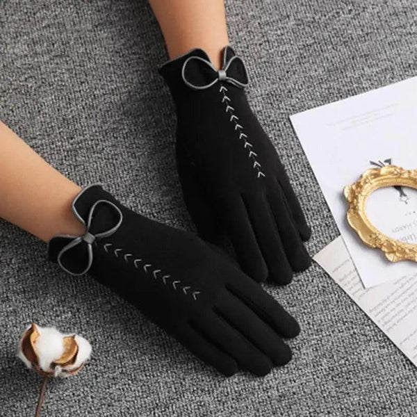 Women's Elegant Black Winter Warm Bow Style Gloves