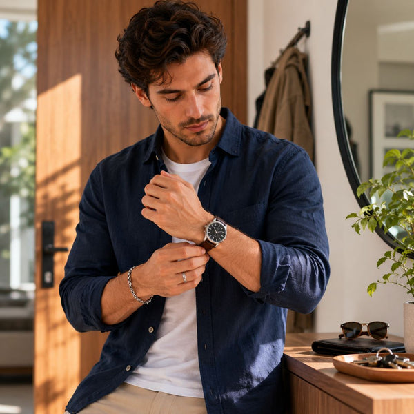 Man adjusting his shirt in a room with a mirror and plants