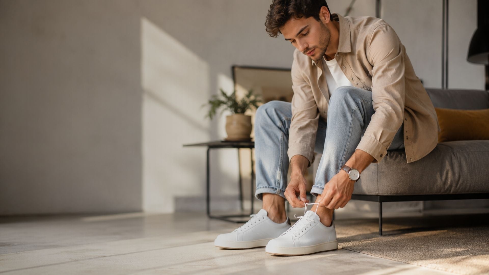 Man tying his shoes in a modern living room.