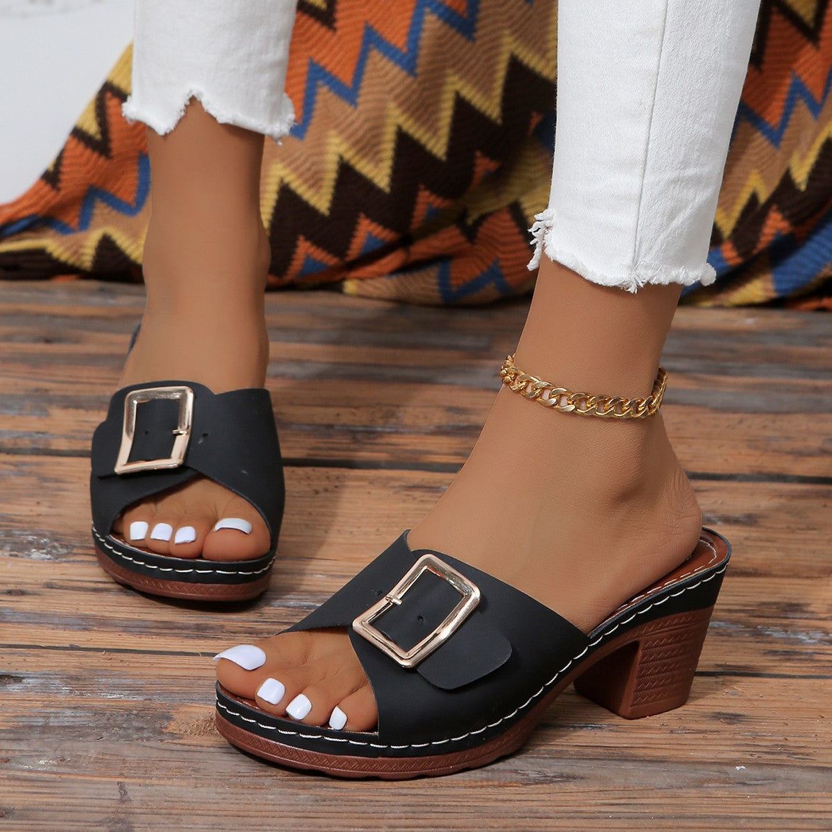 Women's Open Toe Block Heel Buckle Dress Sandals