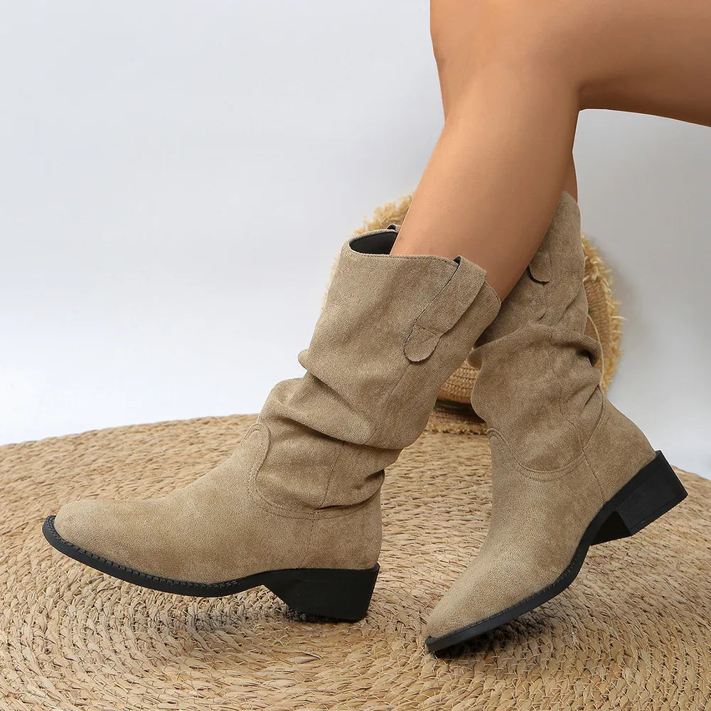 Women's Pleated Pull-On Western Cowboy Boots Classic Style