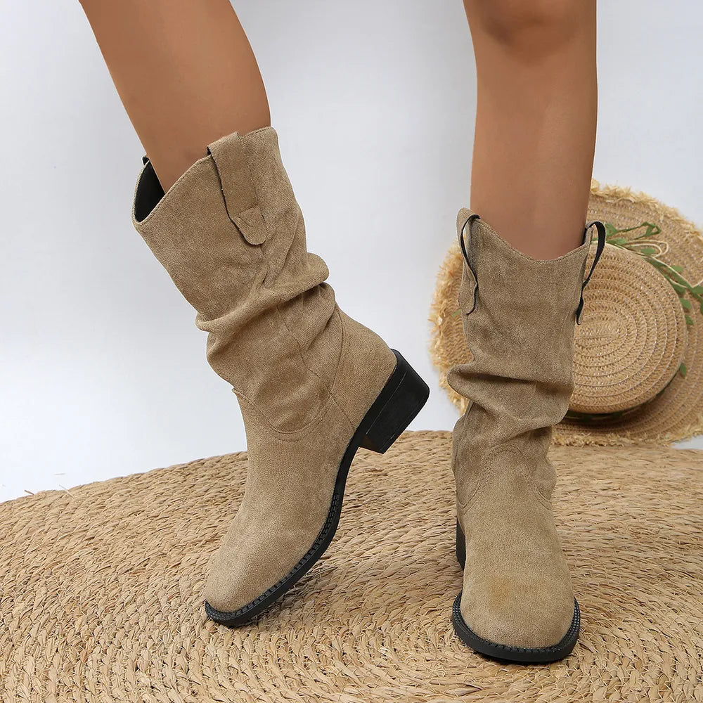 Women's Pleated Pull-On Western Cowboy Boots Classic Style
