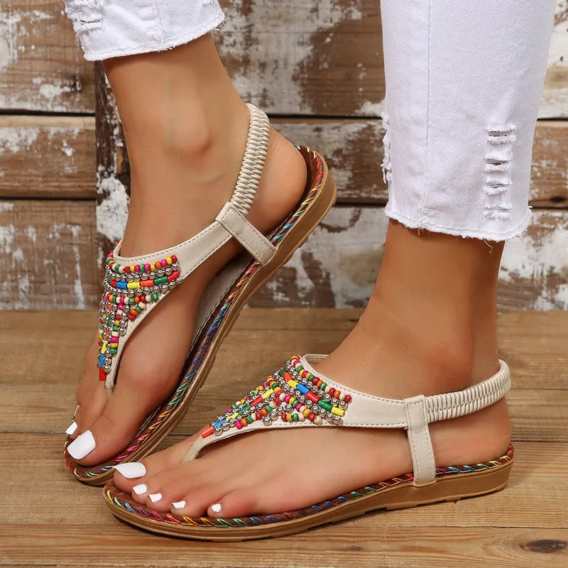 Women's PU Leather Beaded Flat Sandals Casual Comfort