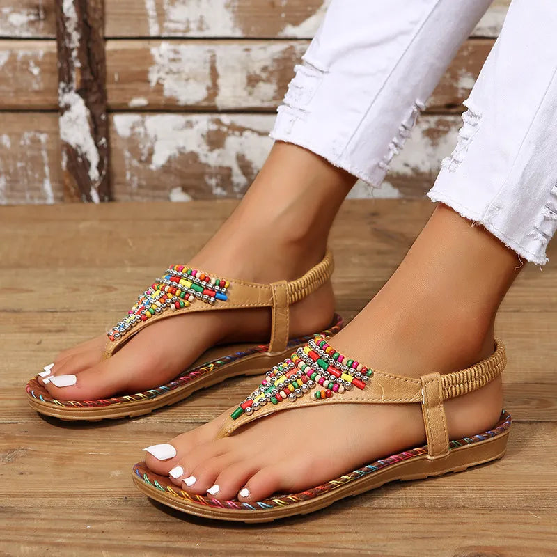 Women's PU Leather Beaded Flat Sandals Casual Comfort