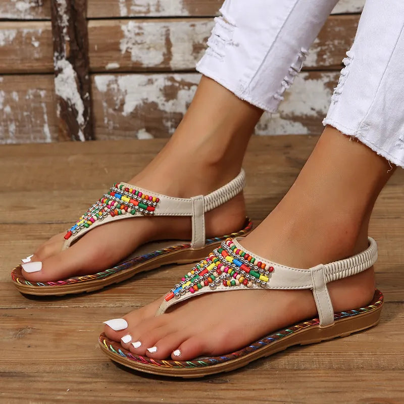 Women's PU Leather Beaded Flat Sandals Casual Comfort