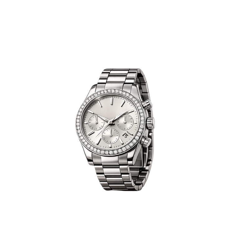 Silver watch with a detailed face on a white background