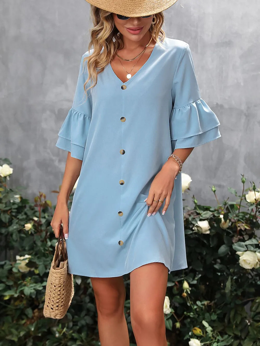 Women's V-Neck Half Sleeve Mini Dress Casual Elegant Style
