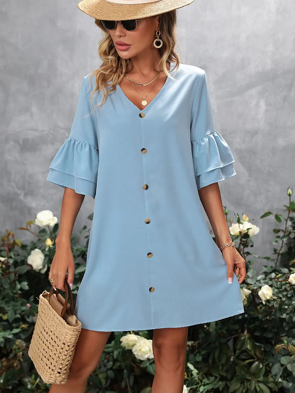 Women's V-Neck Half Sleeve Mini Dress Casual Elegant Style