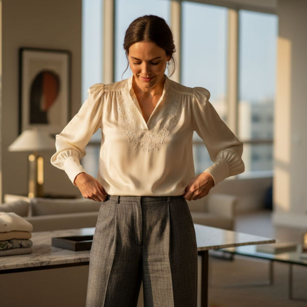 Woman adjusting her blouse in a modern living room