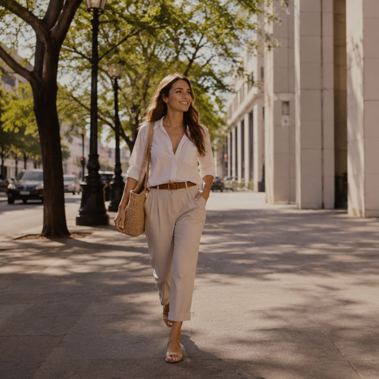 Woman walking on a sidewalk in an urban setting