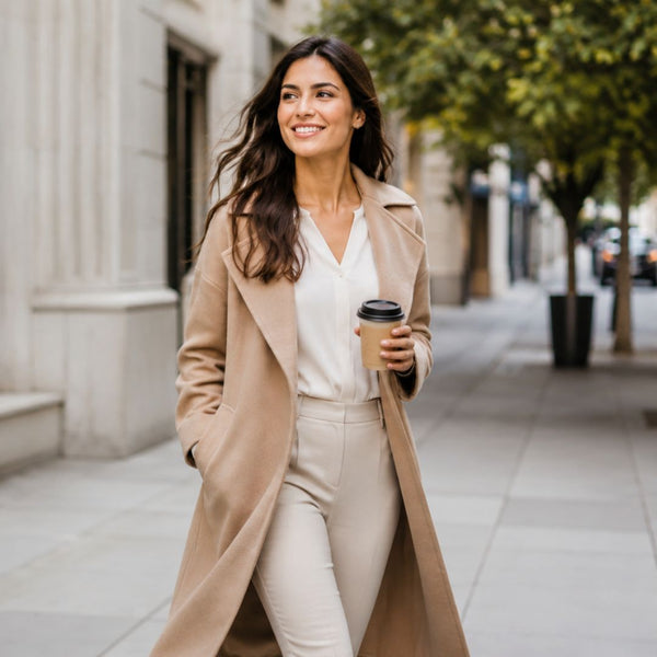 Woman in a beige coat holding a coffee cup on a city street