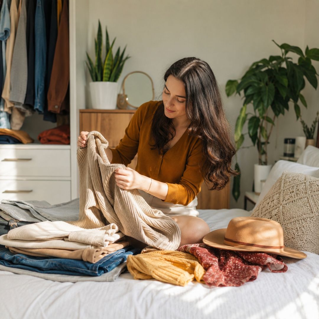 Woman sorting through clothes on a bed in a bedroom setting