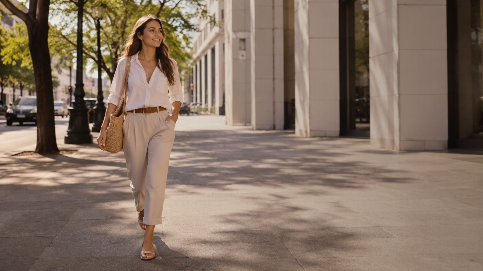Woman walking on a sidewalk in an urban setting