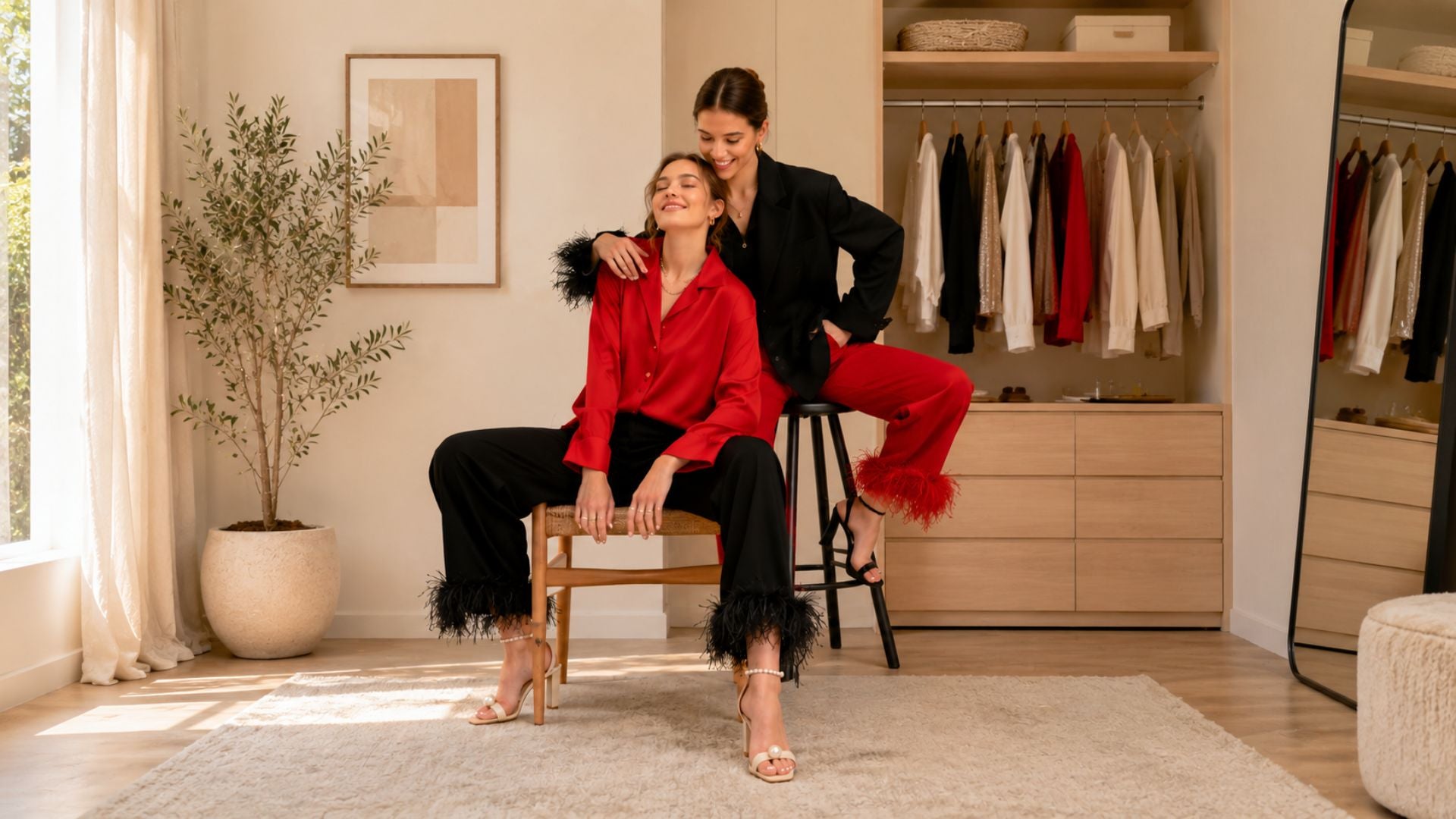 Two women in stylish outfits in a room with a wardrobe and plant.