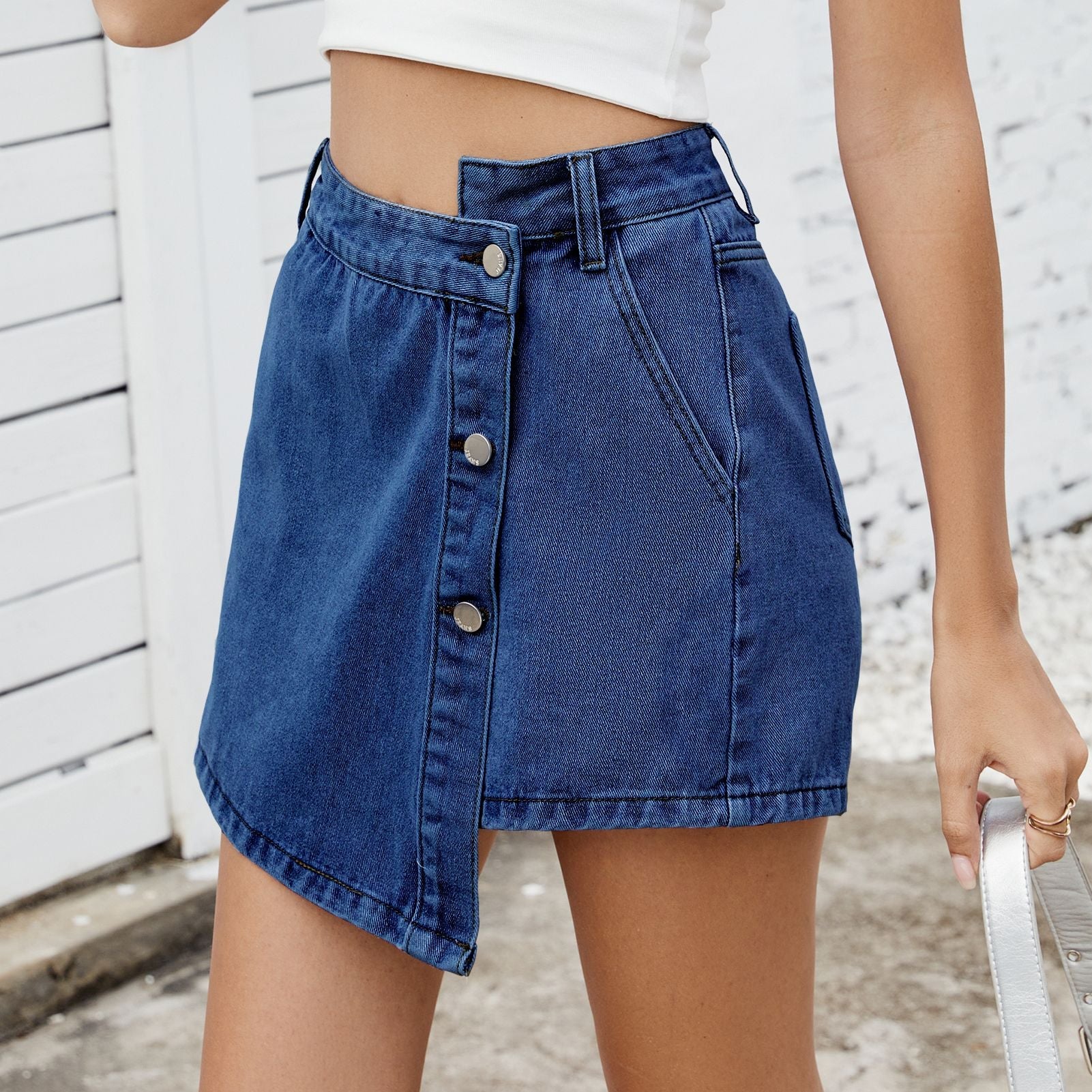 Women's Button-Up Irregular Denim Skirt Pants Hybrid