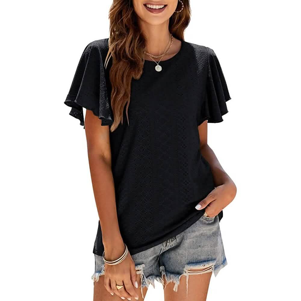 Women's Casual Summer Crew Neck Ruffle Sleeve Tunic T-Shirt