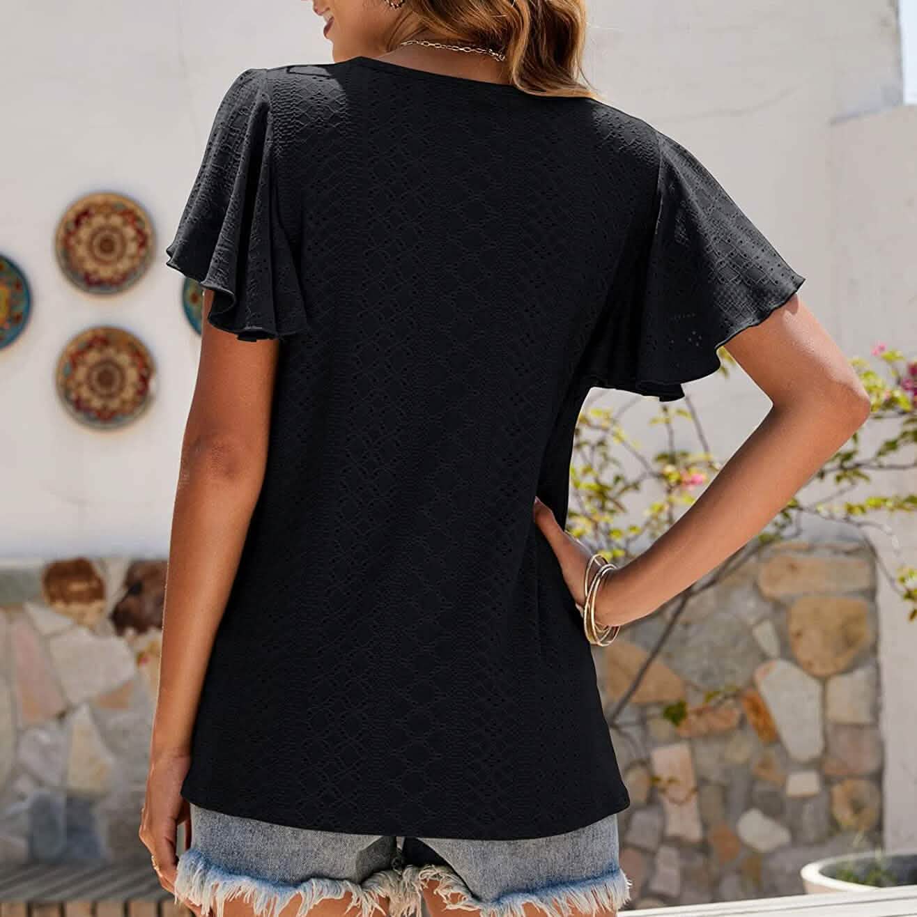 Women's Casual Summer Crew Neck Ruffle Sleeve Tunic T-Shirt