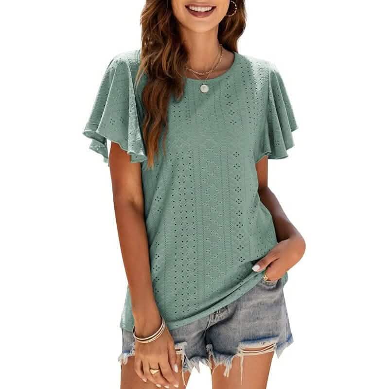 Women's Casual Summer Crew Neck Ruffle Sleeve Tunic T-Shirt