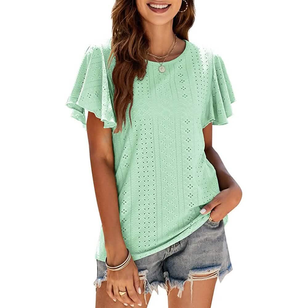 Women's Casual Summer Crew Neck Ruffle Sleeve Tunic T-Shirt