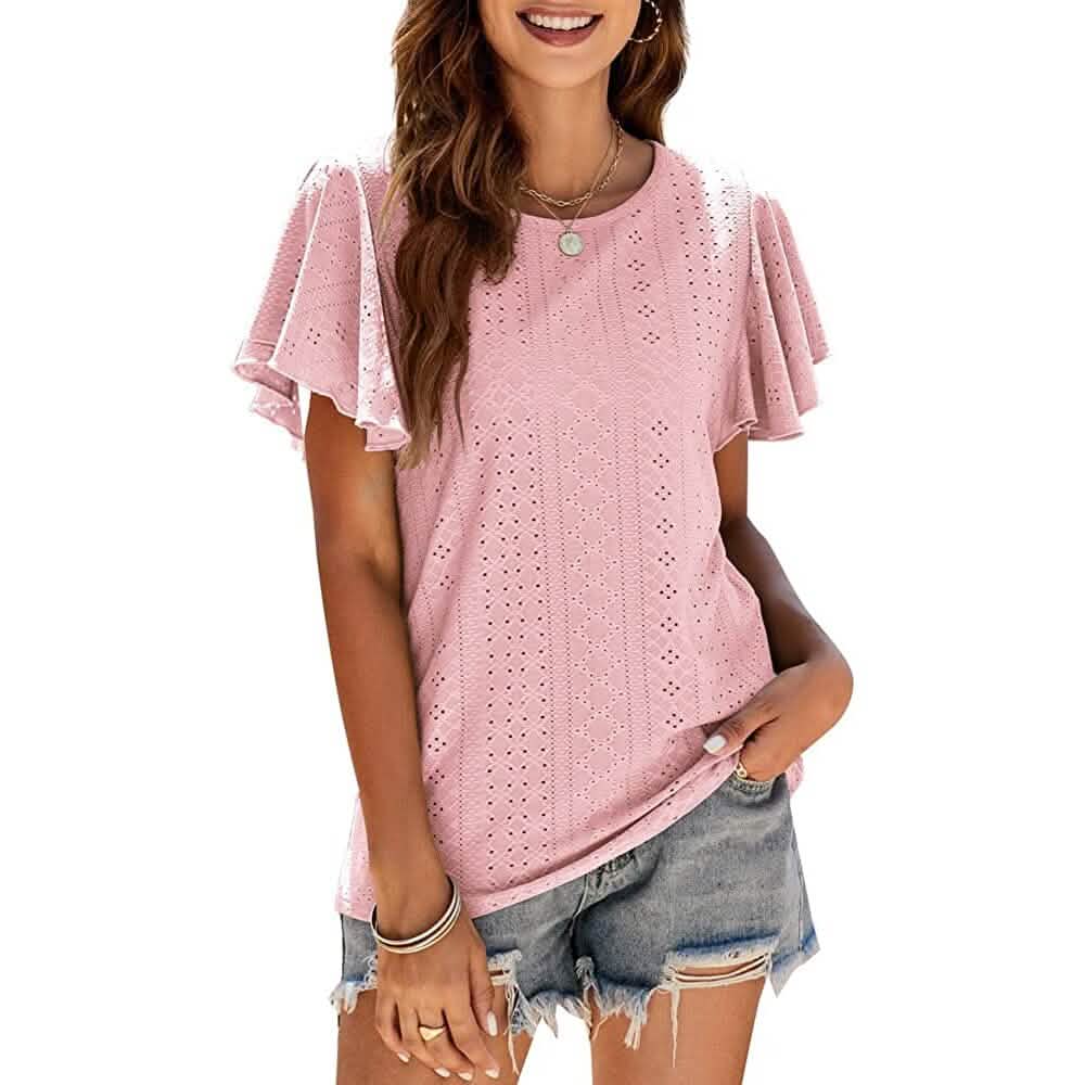 Women's Casual Summer Crew Neck Ruffle Sleeve Tunic T-Shirt