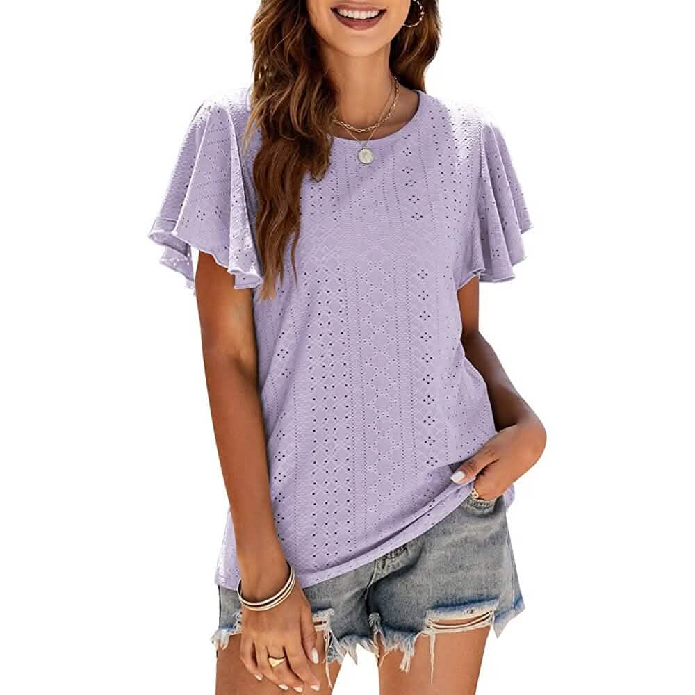Women's Casual Summer Crew Neck Ruffle Sleeve Tunic T-Shirt