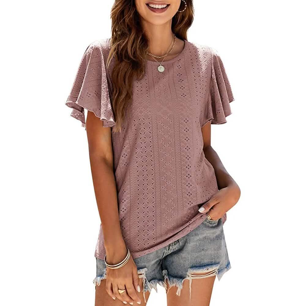 Women's Casual Summer Crew Neck Ruffle Sleeve Tunic T-Shirt