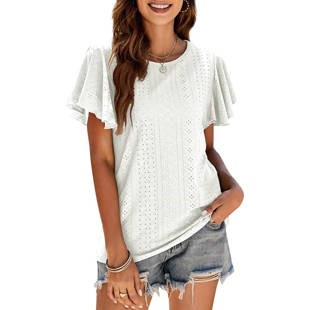 Women's Casual Summer Crew Neck Ruffle Sleeve Tunic T-Shirt