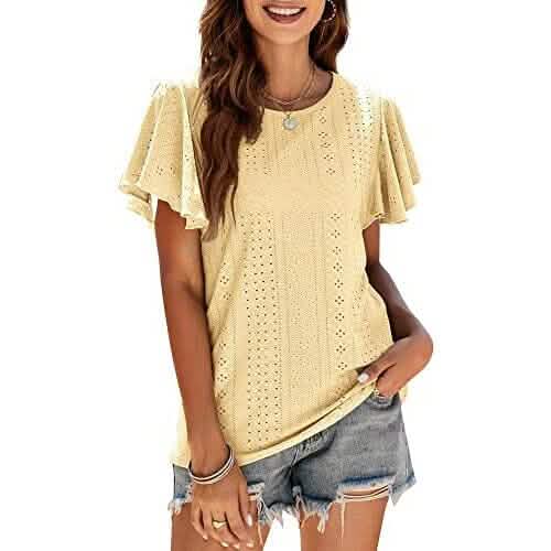 Women's Casual Summer Crew Neck Ruffle Sleeve Tunic T-Shirt