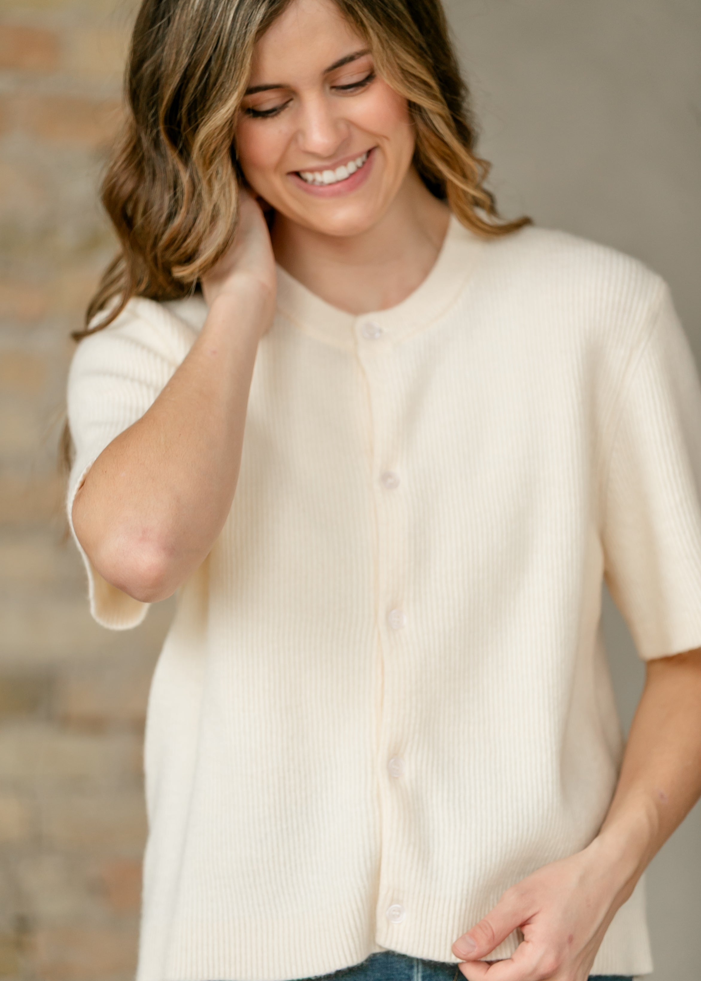 Zadie Ivory Short Sleeve Button Knit Cardigan Sweater
