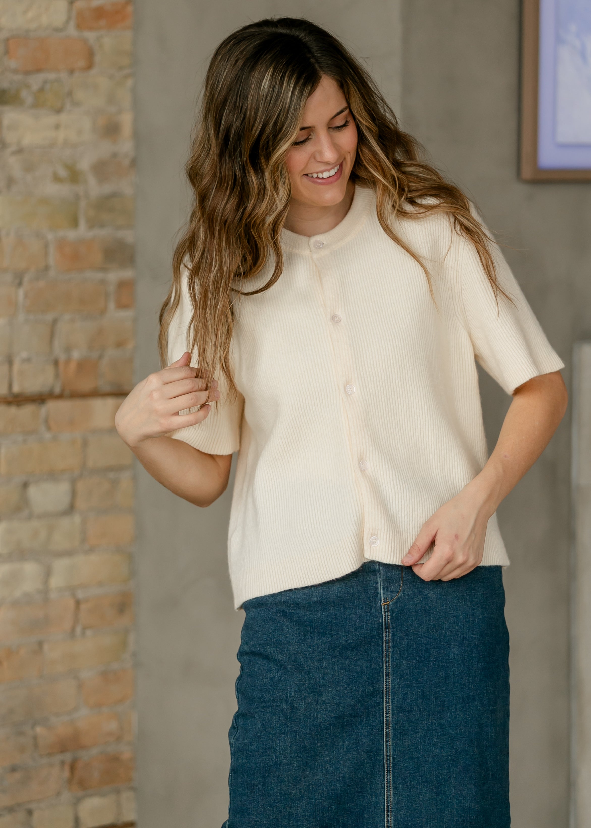 Zadie Ivory Short Sleeve Button Knit Cardigan Sweater