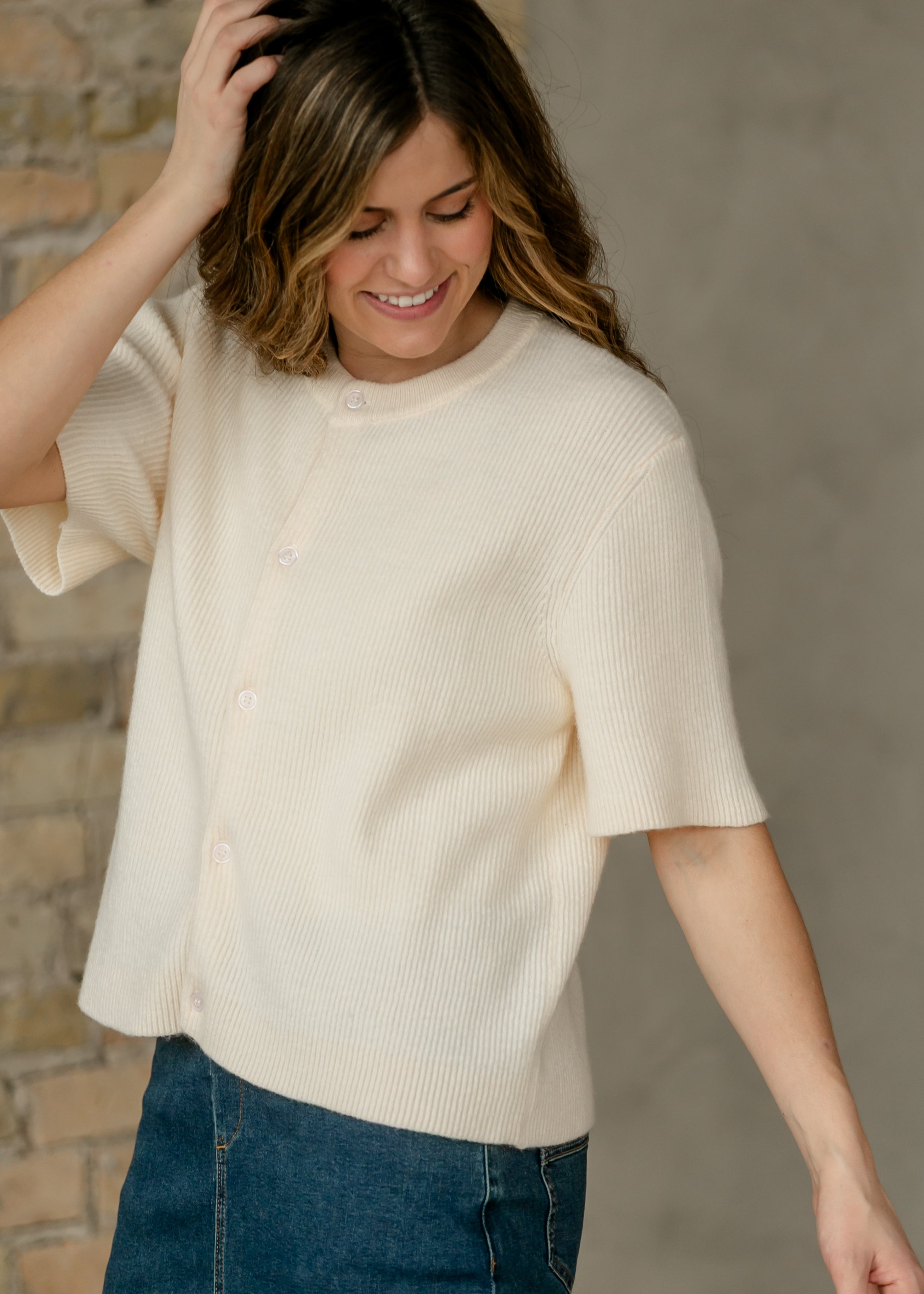 Zadie Ivory Short Sleeve Button Knit Cardigan Sweater
