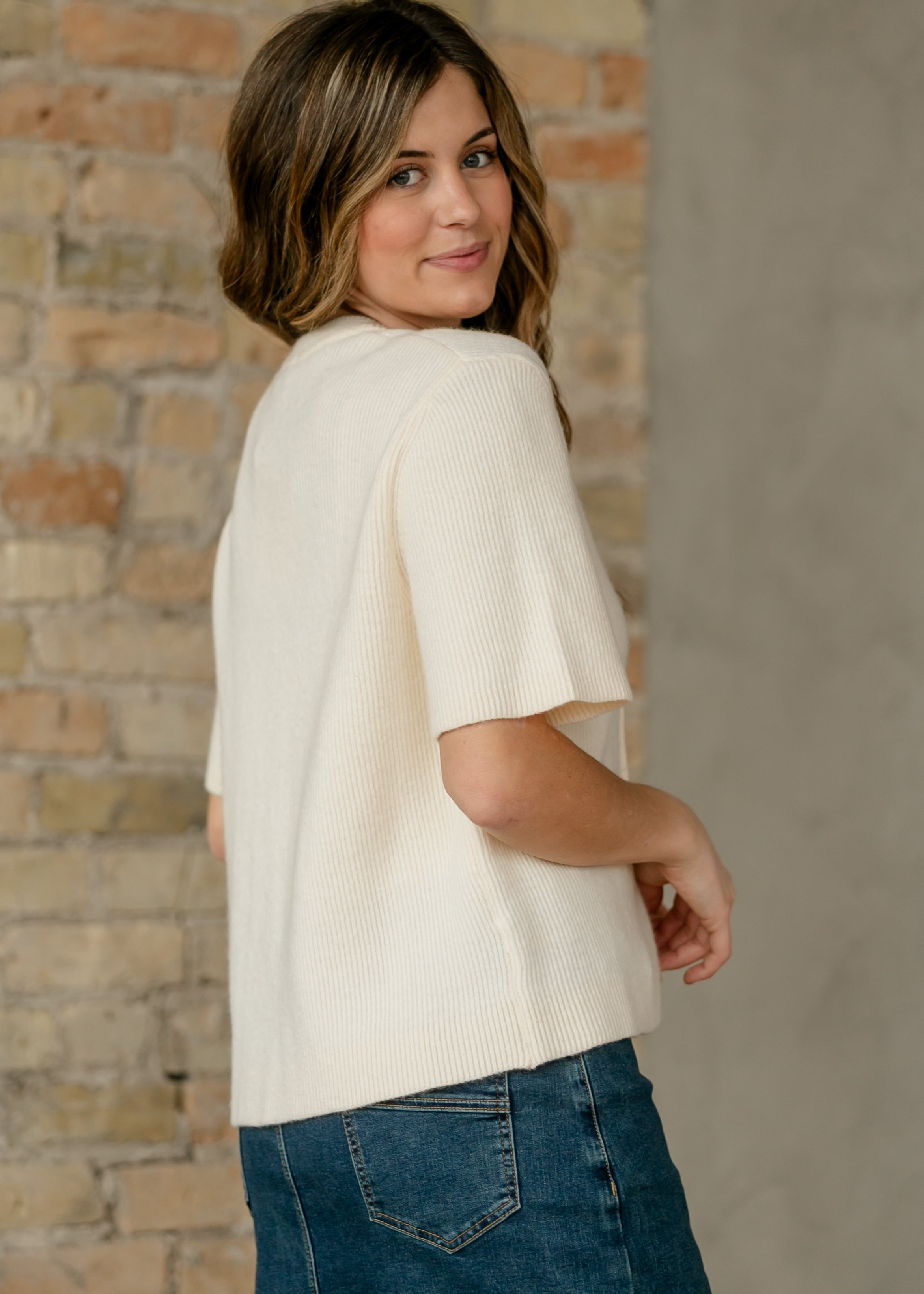 Zadie Ivory Short Sleeve Button Knit Cardigan Sweater