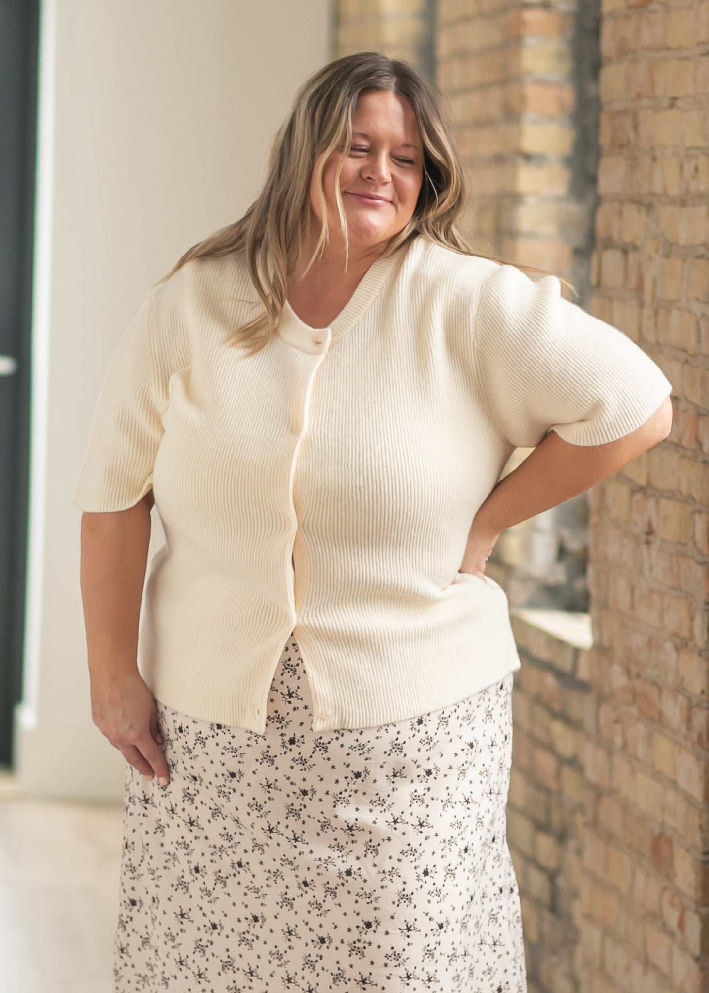 Zadie Ivory Short Sleeve Button Knit Cardigan Sweater