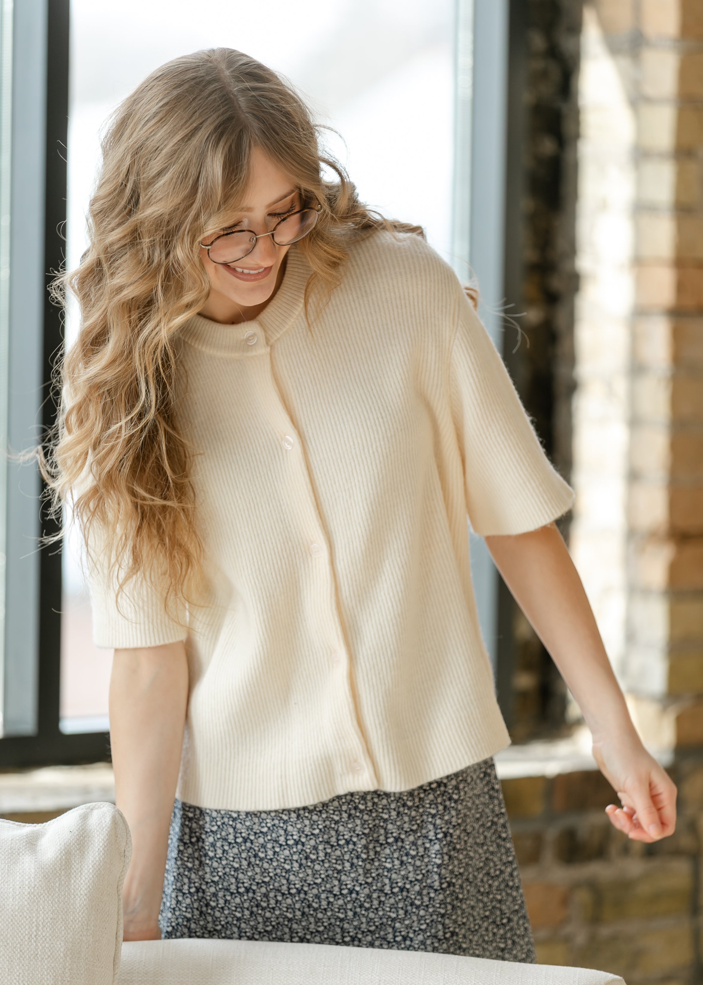 Zadie Ivory Short Sleeve Button Knit Cardigan Sweater